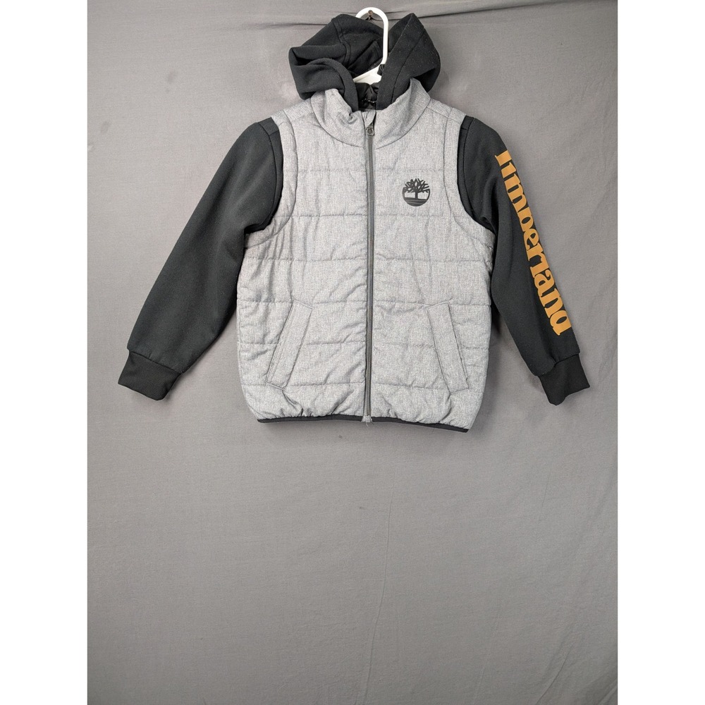 Timberland Boys Gray Black Puffer Vest Hoodie Jacket Size S 7/8 5747